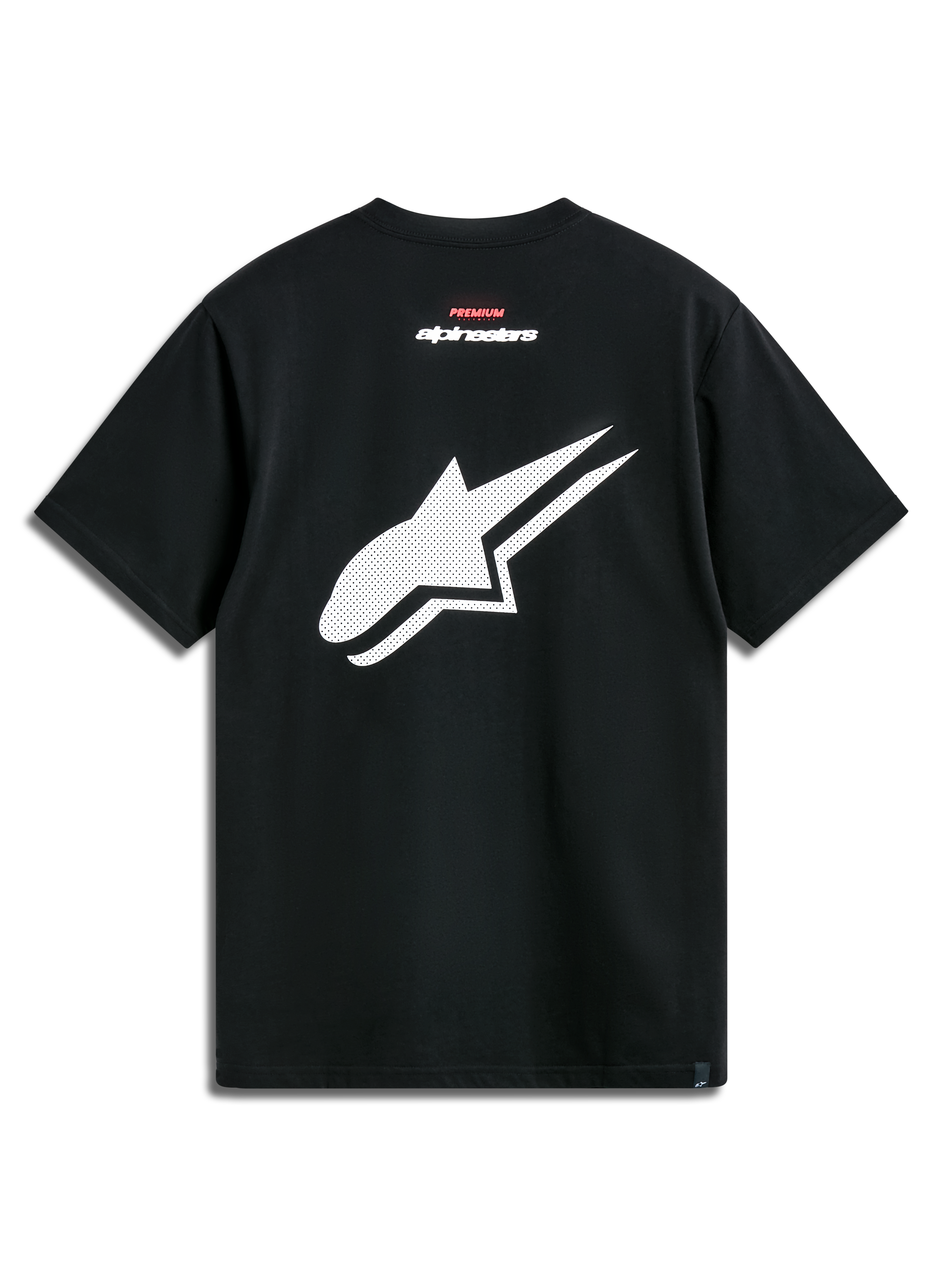 Alpinestars T-shirt Formulate CSF, t-shirt à manches courtes, noir, vue de dos avec un grand logo Astars blanc perforé et marquage textuel rouge et blanc, streetwear décontracté sport automobile