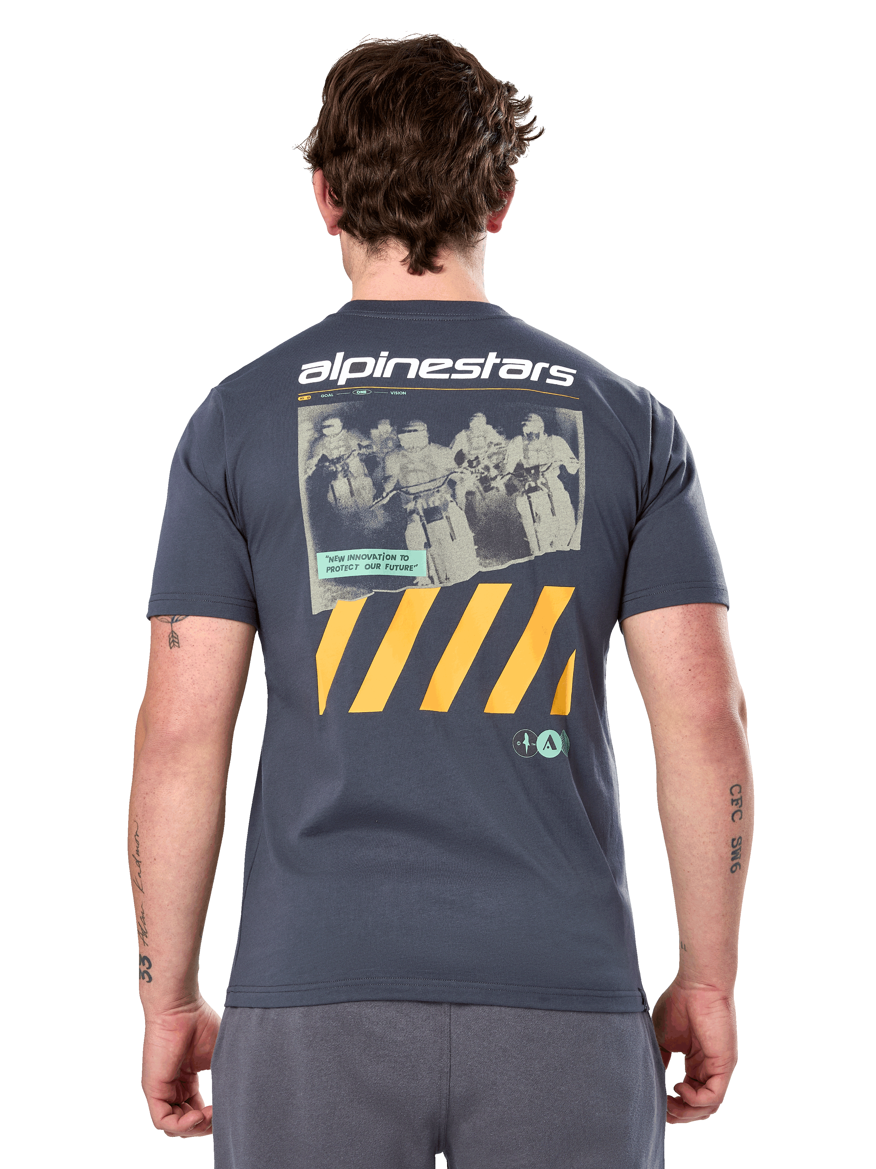 Alpinestars No Barrier Csf Tee, Short Sleeve T-Shirt, Charcoal, Large back graphic with distressed motocross photography and yellow diagonal stripes, Casual Motorsport Sportswear