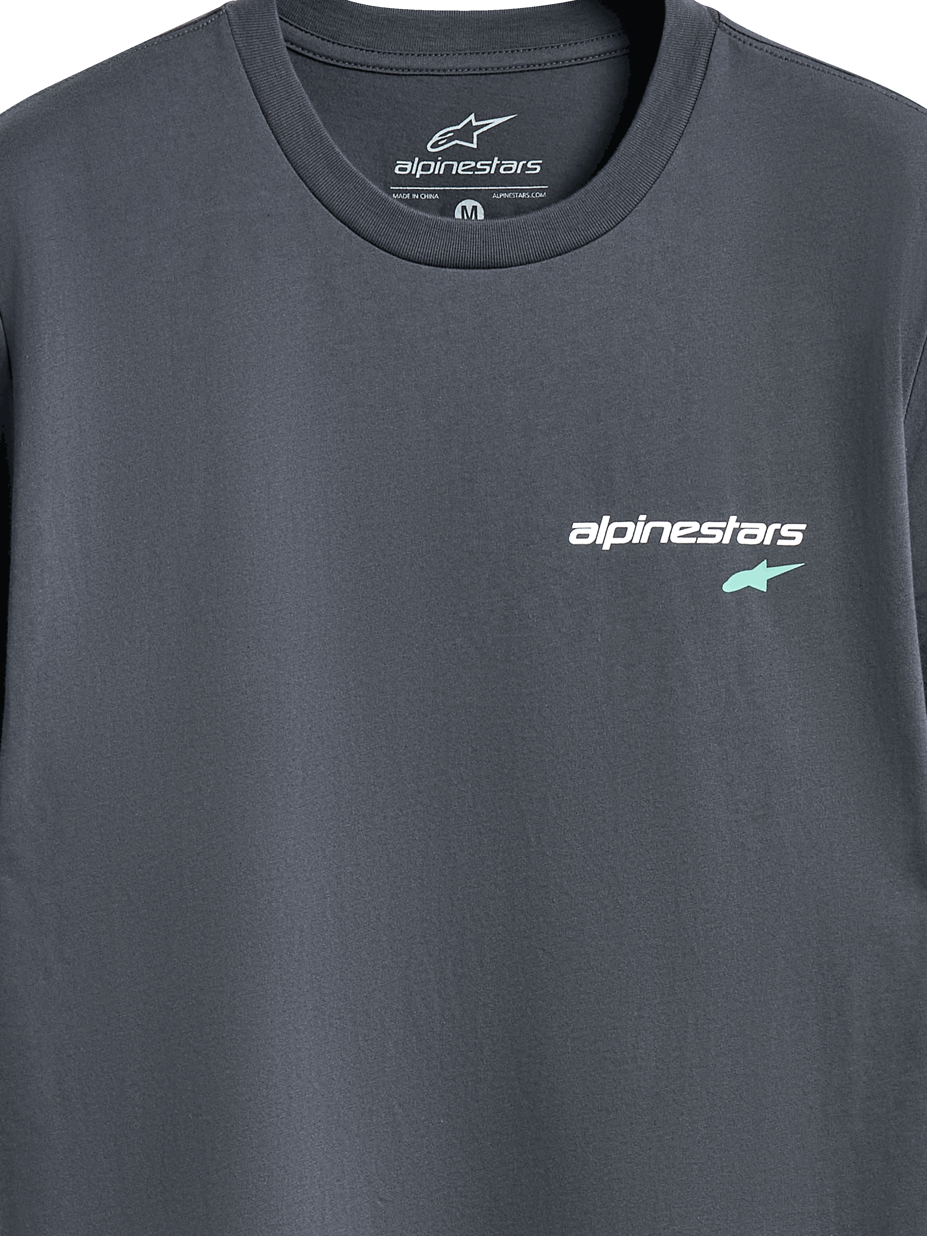 Alpinestars No Barrier CSF Tee, Short Sleeve T-Shirt, Charcoal, close-up of front chest logo with white Alpinestars text and light blue star symbol, casual motorsport streetwear