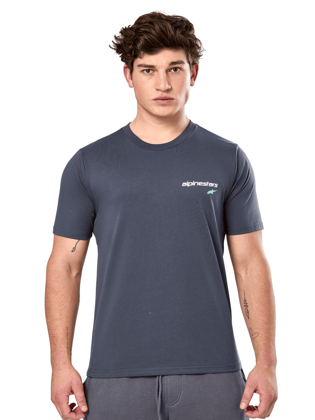 Alpinestars No Barrier CSF Tee, Short Sleeve T-Shirt, Charcoal, white Alpinestars logo with a teal star on the chest, casual motorsport streetwear