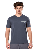 Alpinestars No Barrier CSF Tee, Short Sleeve T-Shirt, Charcoal, white Alpinestars logo with a teal star on the chest, casual motorsport streetwear