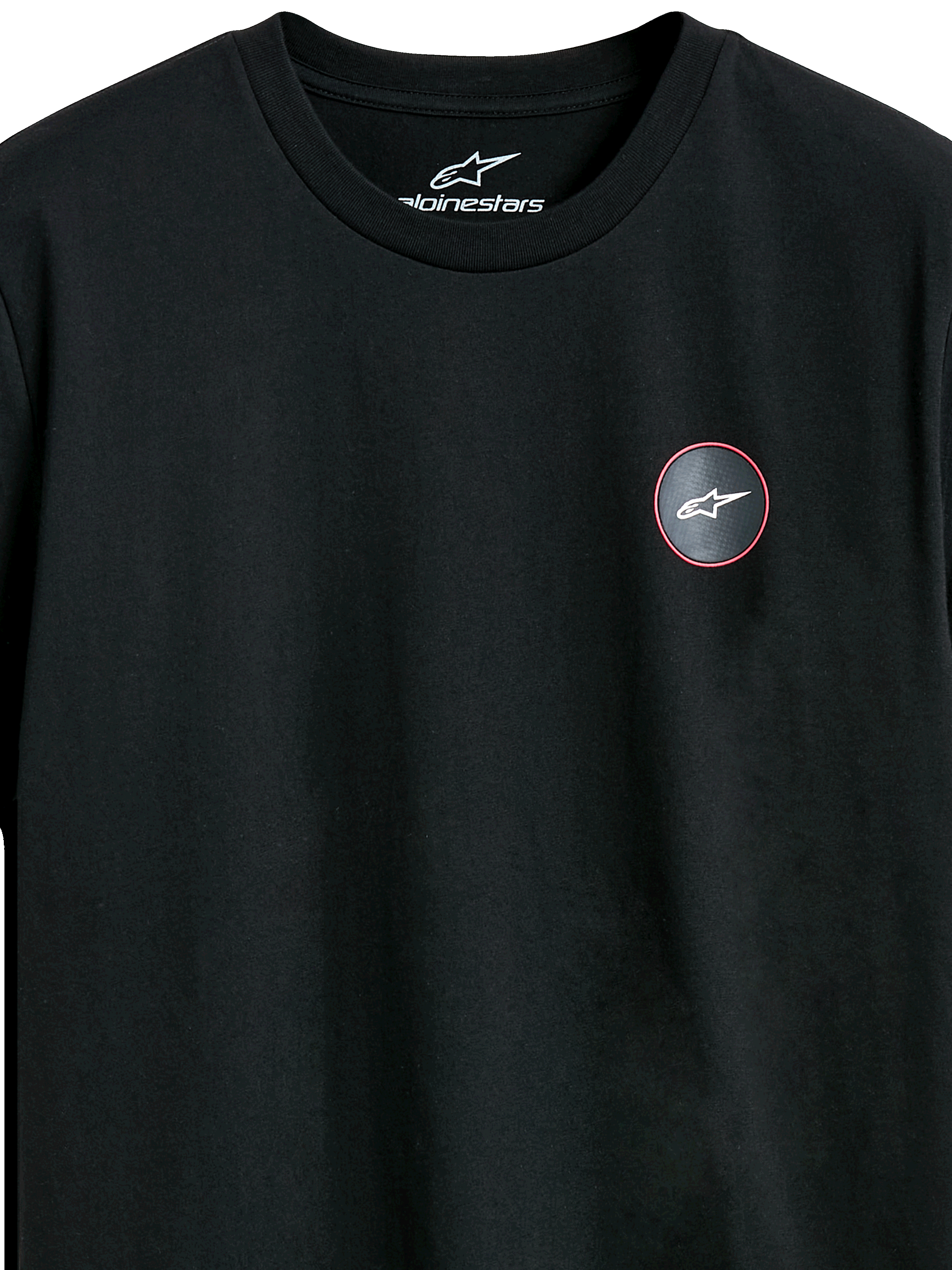 Alpinestars Dot Carbon CSF Tee, Short Sleeve T-Shirt, Black, Close-up of Circular Chest Logo with Carbon Fiber Look and White Astars Symbol, Casual Motorsport Streetwear