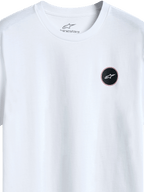 Alpinestars Dot Carbon Csf Tee, Short Sleeve T-Shirt, White, detail view of circular black logo with carbon fiber-look fill and white star, internal neck print, casual motorsport streetwear