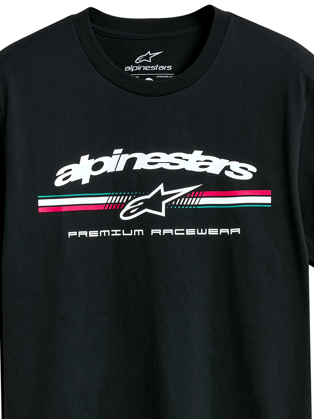 T-shirt Alpinestars Prevail CSF, t-shirt à manches courtes, noir, logo Alpinestars blanc avec bande tricolore sarcelle, rose et blanc, graphisme Premium Racewear, vêtement de sport automobile décontracté