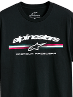 T-shirt Alpinestars Prevail CSF, t-shirt à manches courtes, noir, logo Alpinestars blanc avec bande tricolore sarcelle, rose et blanc, graphisme Premium Racewear, vêtement de sport automobile décontracté