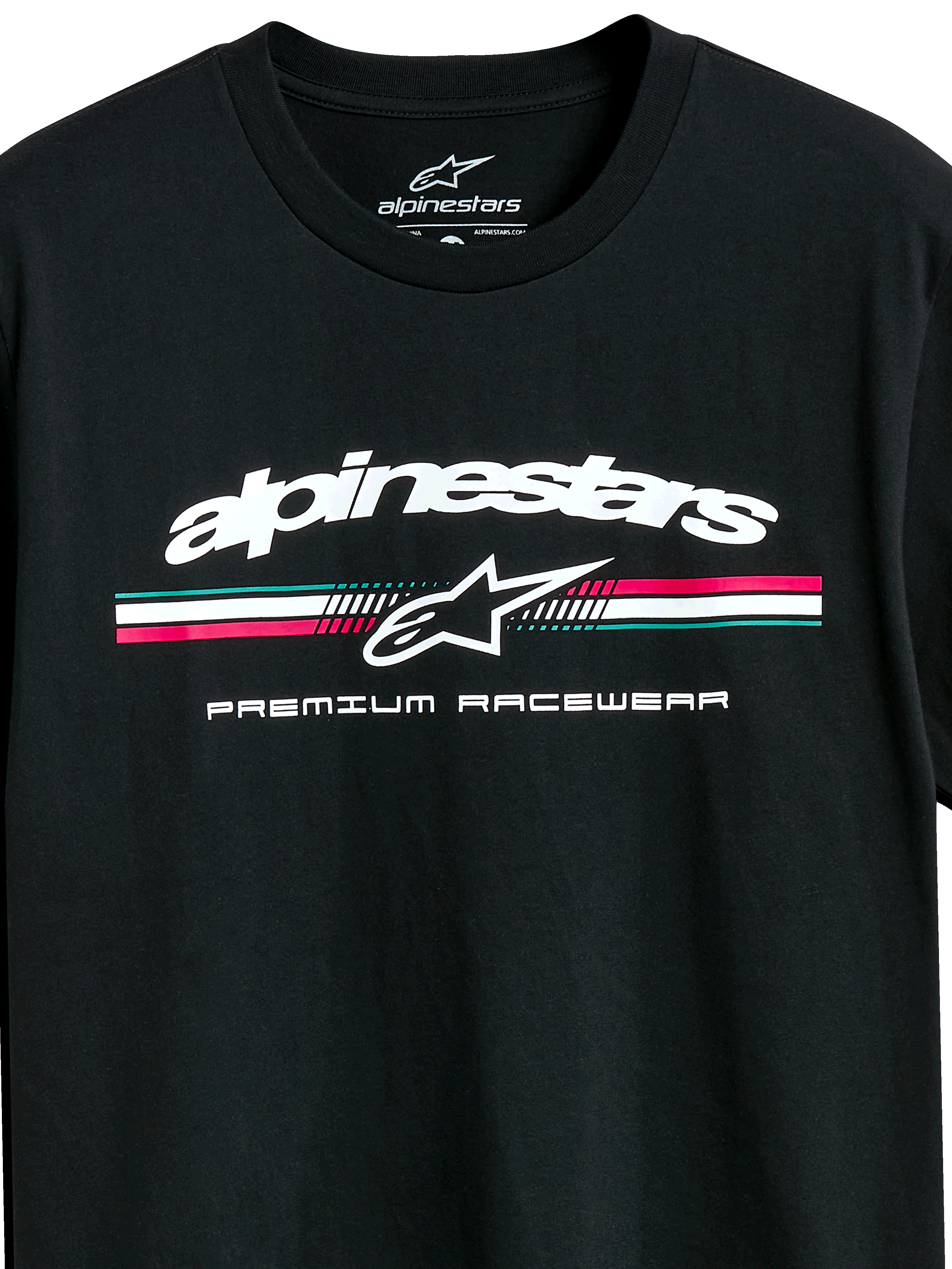 T-shirt Alpinestars Prevail CSF, t-shirt à manches courtes, noir, logo Alpinestars blanc avec bande tricolore sarcelle, rose et blanc, graphisme Premium Racewear, vêtement de sport automobile décontracté