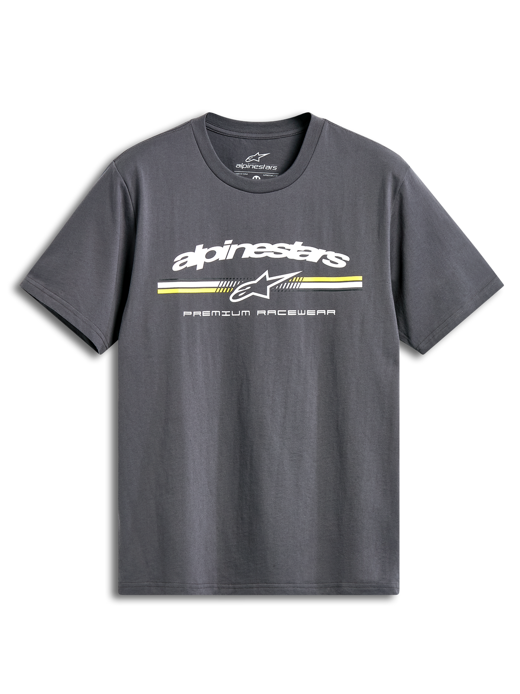 Alpinestars T-Shirt Prevail CSF, t-shirt de sportswear à manches courtes gris anthracite avec logo à rayures tricolores et inscription de style paddock sur la poitrine