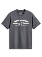 Alpinestars T-Shirt Prevail CSF, t-shirt de sportswear à manches courtes gris anthracite avec logo à rayures tricolores et inscription de style paddock sur la poitrine