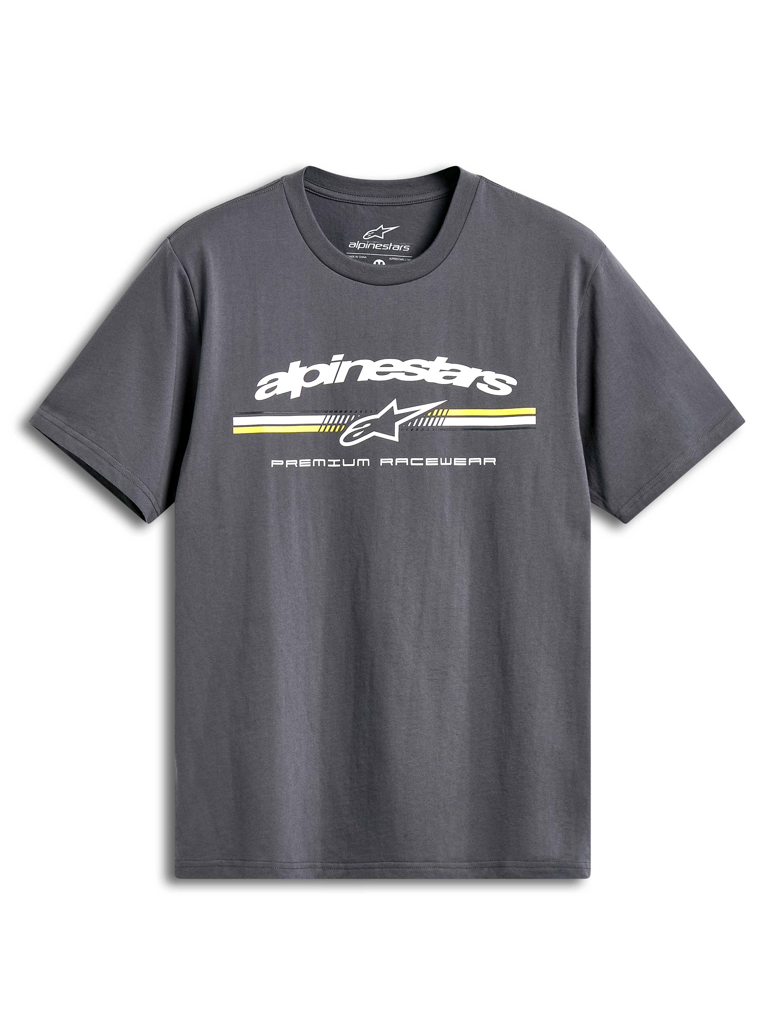 Alpinestars T-Shirt Prevail CSF, t-shirt de sportswear à manches courtes gris anthracite avec logo à rayures tricolores et inscription de style paddock sur la poitrine