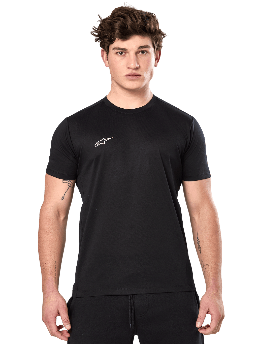 Alpinestars Point Performance Tee, Short Sleeve Performance T-Shirt, Black, small white Alpinestars logo on chest, worn by man with arm tattoos, casual performance sportswear