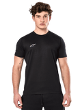 Alpinestars Point Performance Tee, Short Sleeve Performance T-Shirt, Black, small white Alpinestars logo on chest, worn by man with arm tattoos, casual performance sportswear