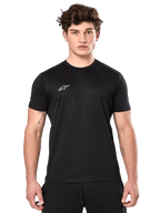 Alpinestars Point Performance Tee, Short Sleeve Performance T-Shirt, Black, small white Alpinestars logo on chest, worn by man with arm tattoos, casual performance sportswear