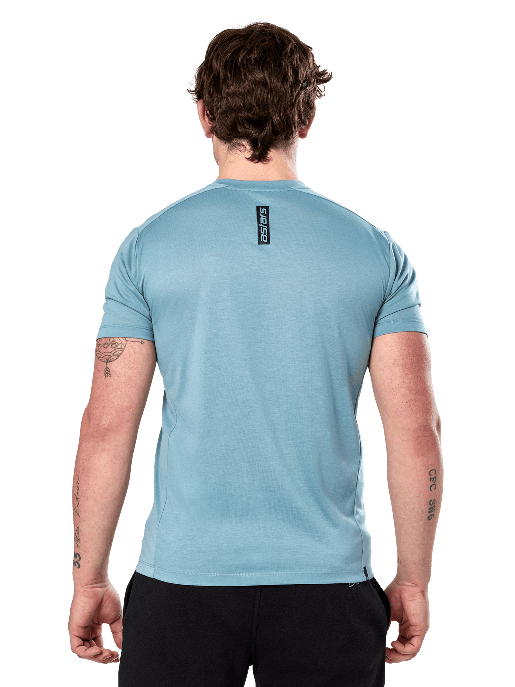 T-shirt Alpinestars Point Performance - Manches courtes, Bleu Glacier, vue de dos avec petit logo vertical noir 'astars' sur le haut du dos, tissu technique évacuant l'humidité, sportswear décontracté