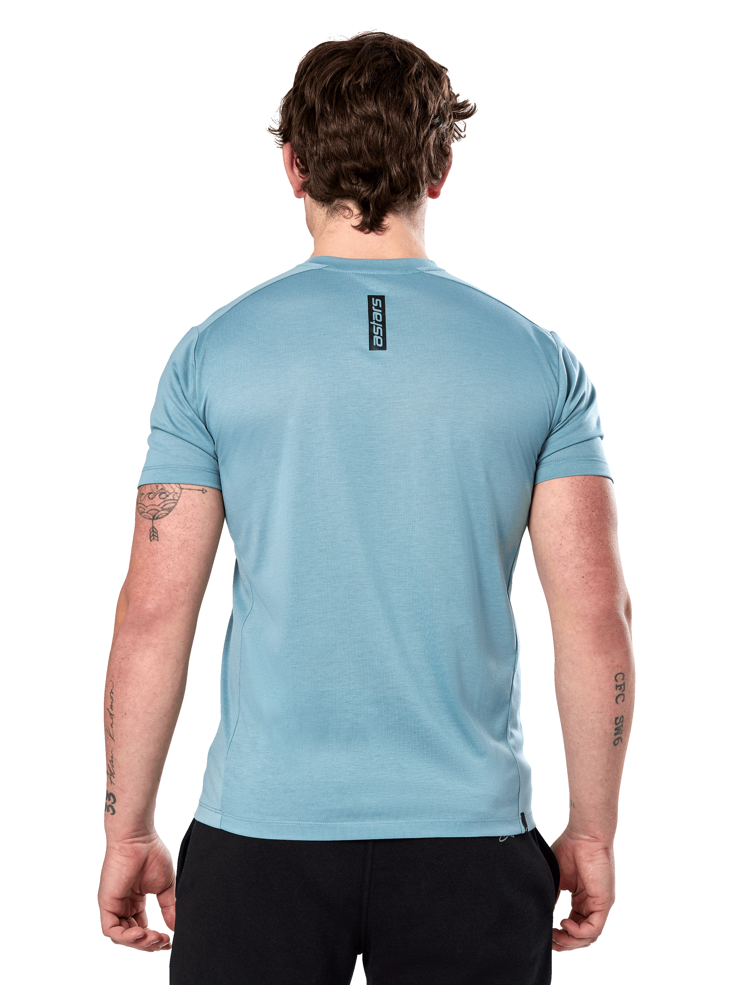 T-shirt Alpinestars Point Performance - Manches courtes, Bleu Glacier, vue de dos avec petit logo vertical noir 'astars' sur le haut du dos, tissu technique évacuant l'humidité, sportswear décontracté