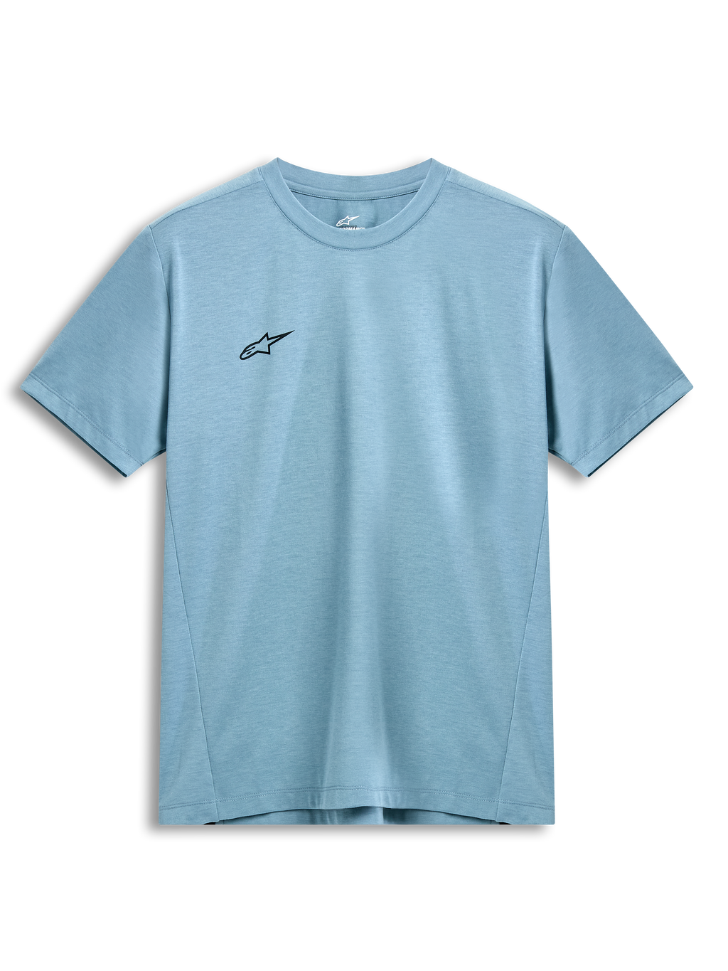 T-shirt Performance Point Alpinestars, t-shirt à manches courtes, bleu glacier, petit logo étoile noir sur la poitrine, col rond, tissu performant et durable évacuant l'humidité, streetwear décontracté