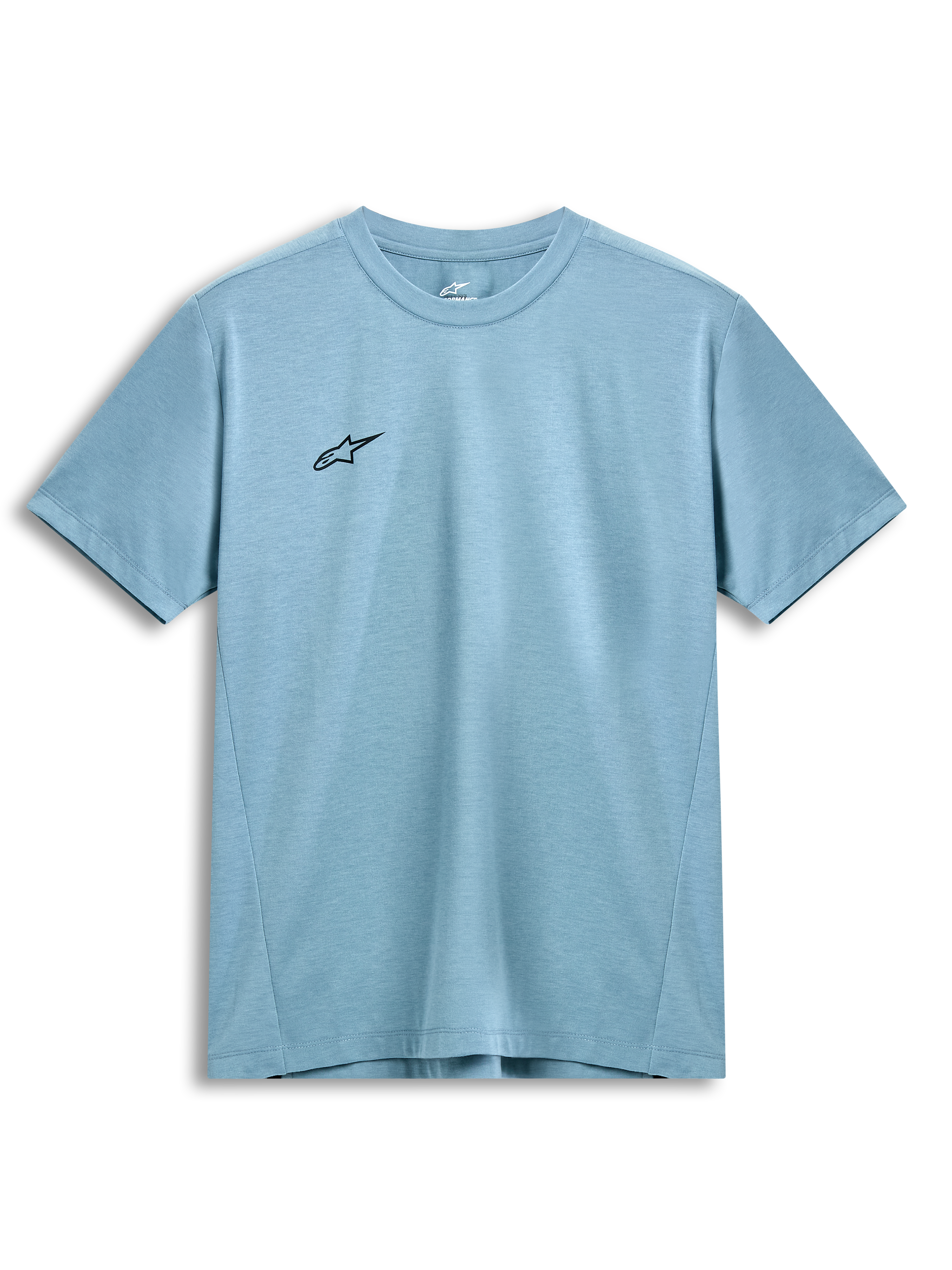 T-shirt Performance Point Alpinestars, t-shirt à manches courtes, bleu glacier, petit logo étoile noir sur la poitrine, col rond, tissu performant et durable évacuant l'humidité, streetwear décontracté