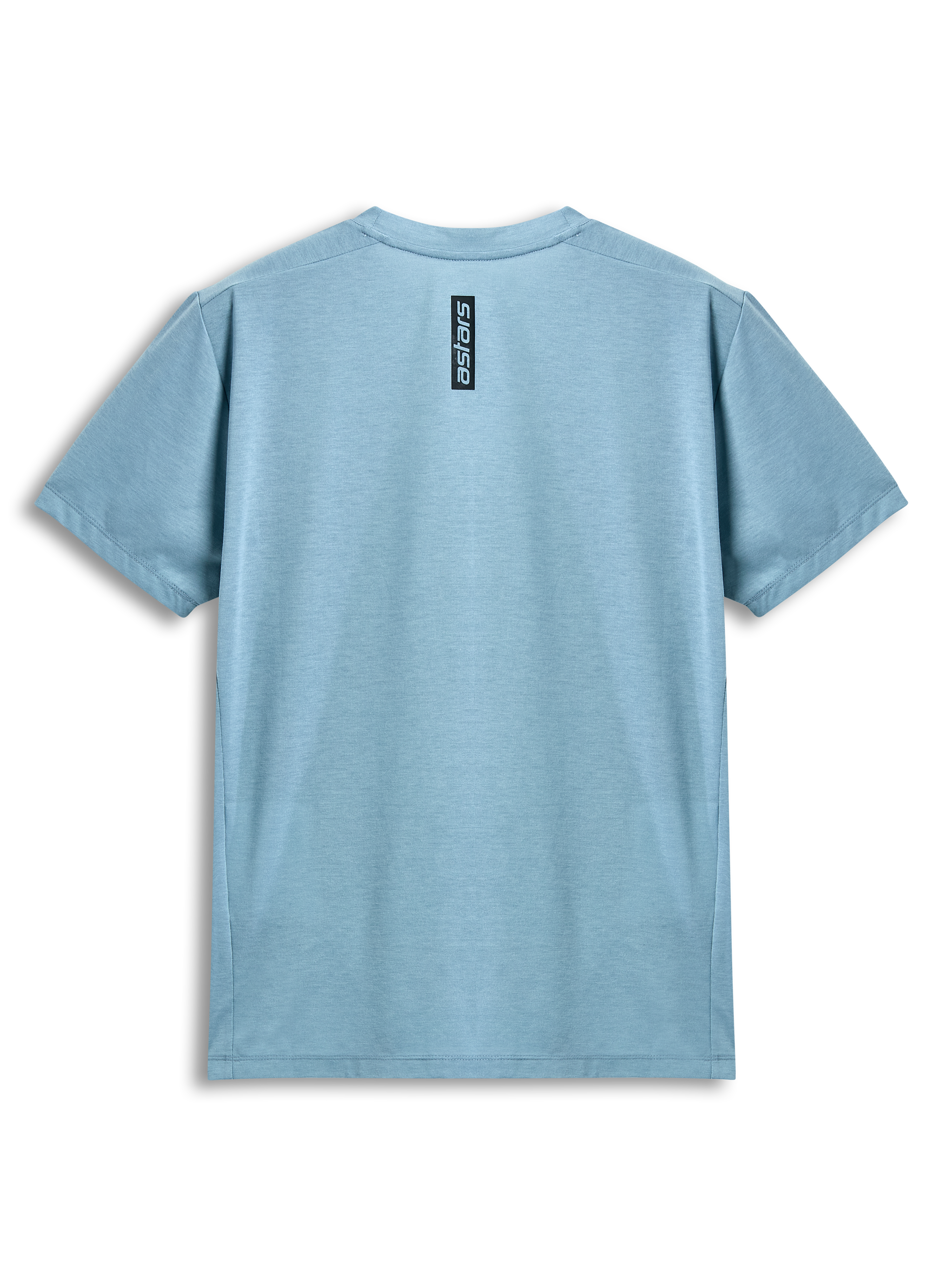 Alpinestars Point Performance Tee, t-shirt à manches courtes, bleu glacé, vue arrière avec impression verticale noire du mot astars, vêtement de sport performant et décontracté