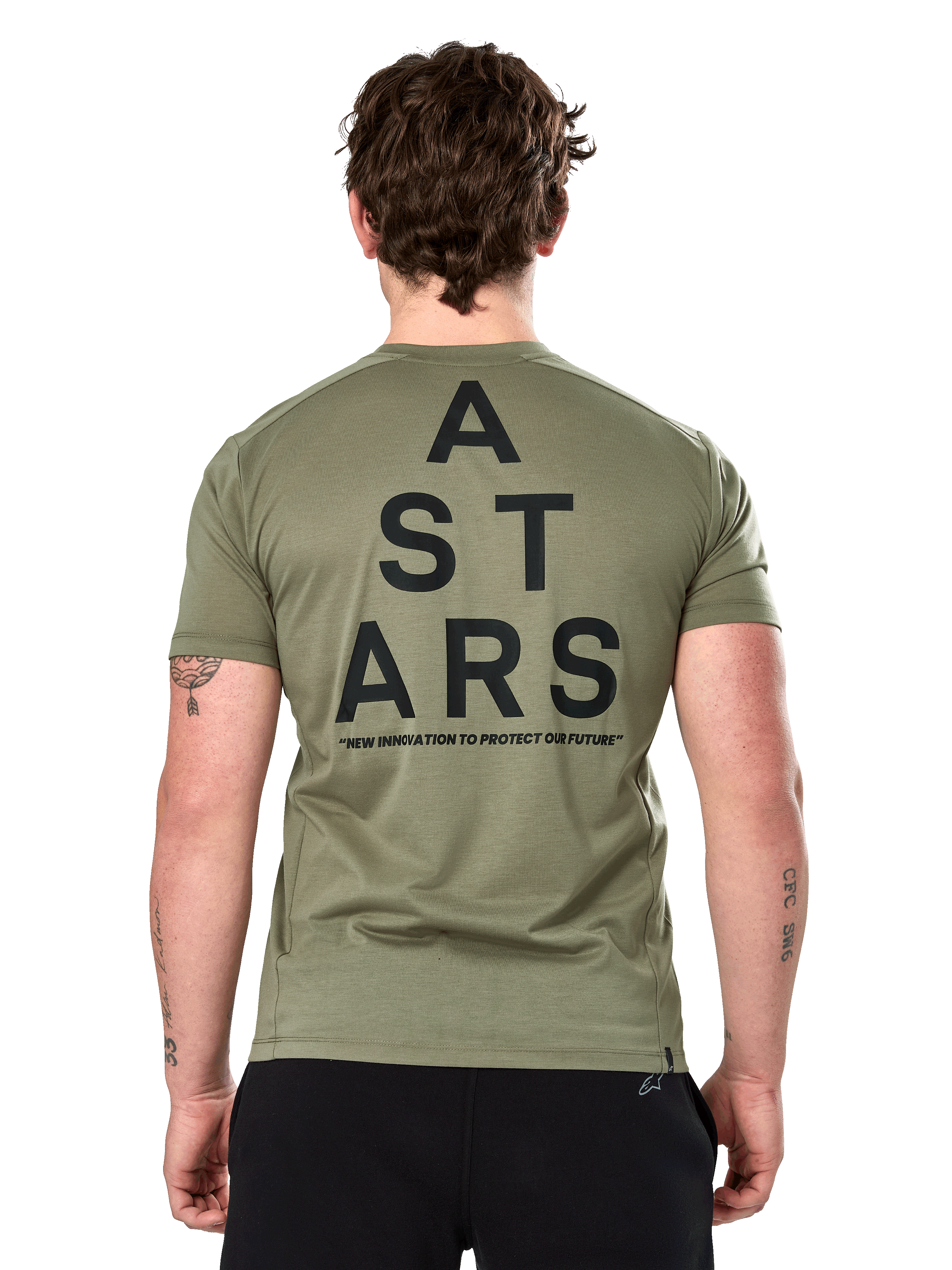 Alpinestars Attrition Performance Tee, t-shirt à manches courtes, vert clair, vue de dos avec grand graphique typographique noir « A STARS » superposé et texte « NEW INNOVATION TO PROTECT OUR FUTURE », vêtement de sport technique durable