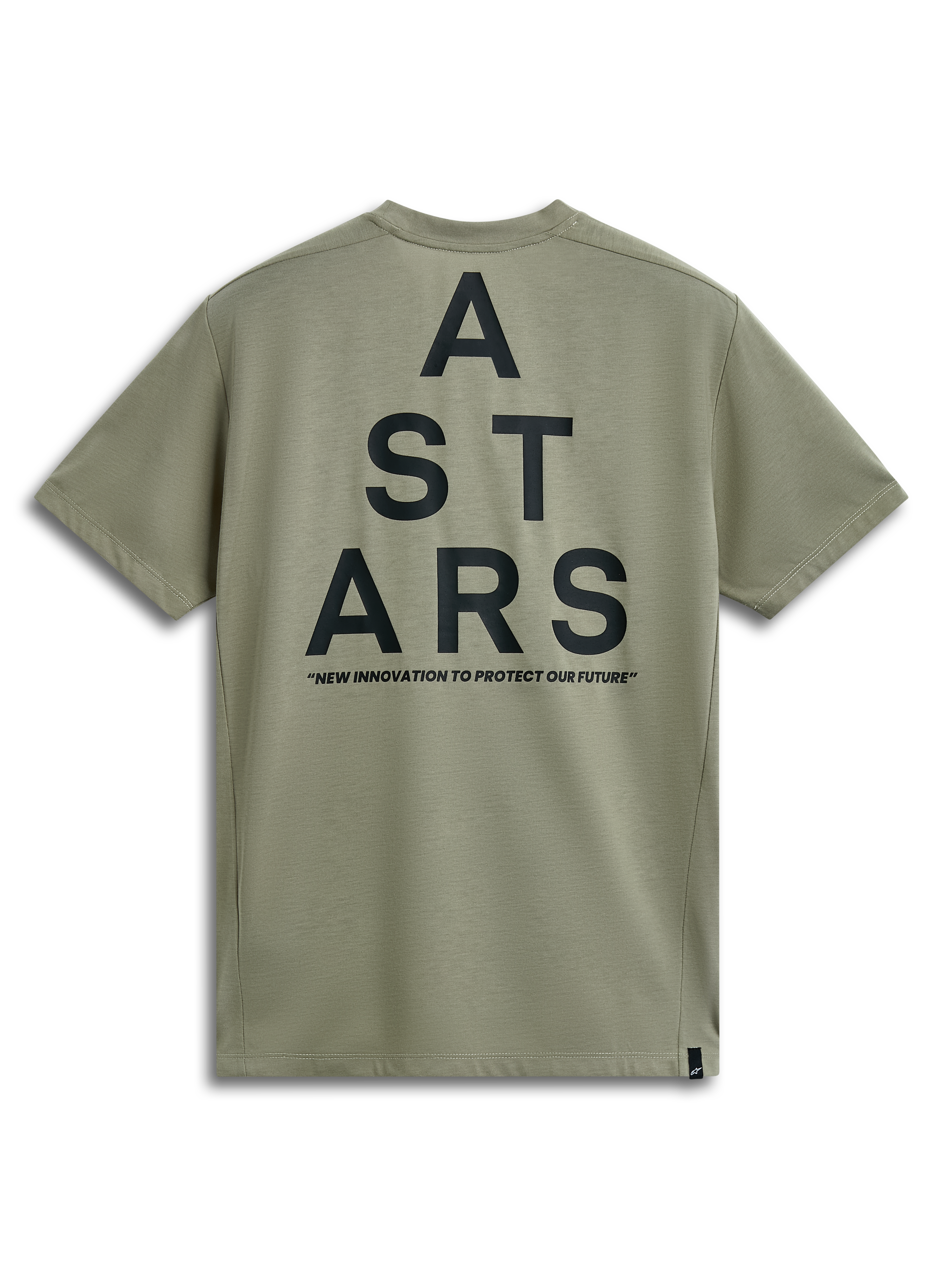 Alpinestars Attrition Performance Tee, t-shirt à manches courtes, vert clair, vue de dos avec grand graphique ASTARS noir superposé et slogan « NEW INNOVATION TO PROTECT OUR FUTURE », vêtement de sport performance décontracté