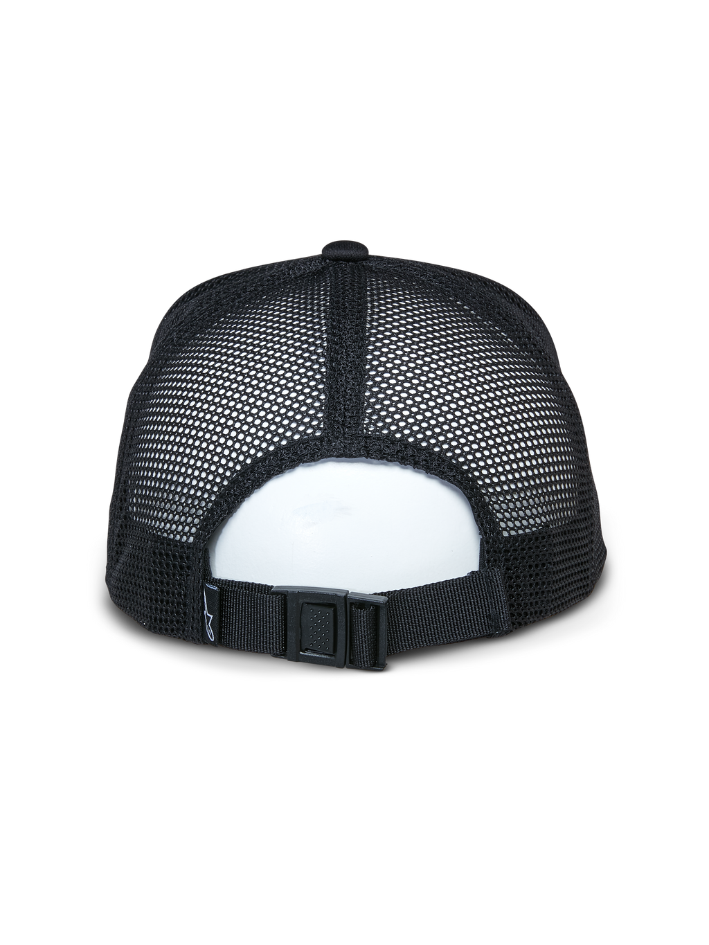 Casquette Trucker Alpinestars Alter, noire, vue arrière montrant les panneaux en maille recyclée respirante et la fermeture réglable à boucle, accessoire sportswear décontracté
