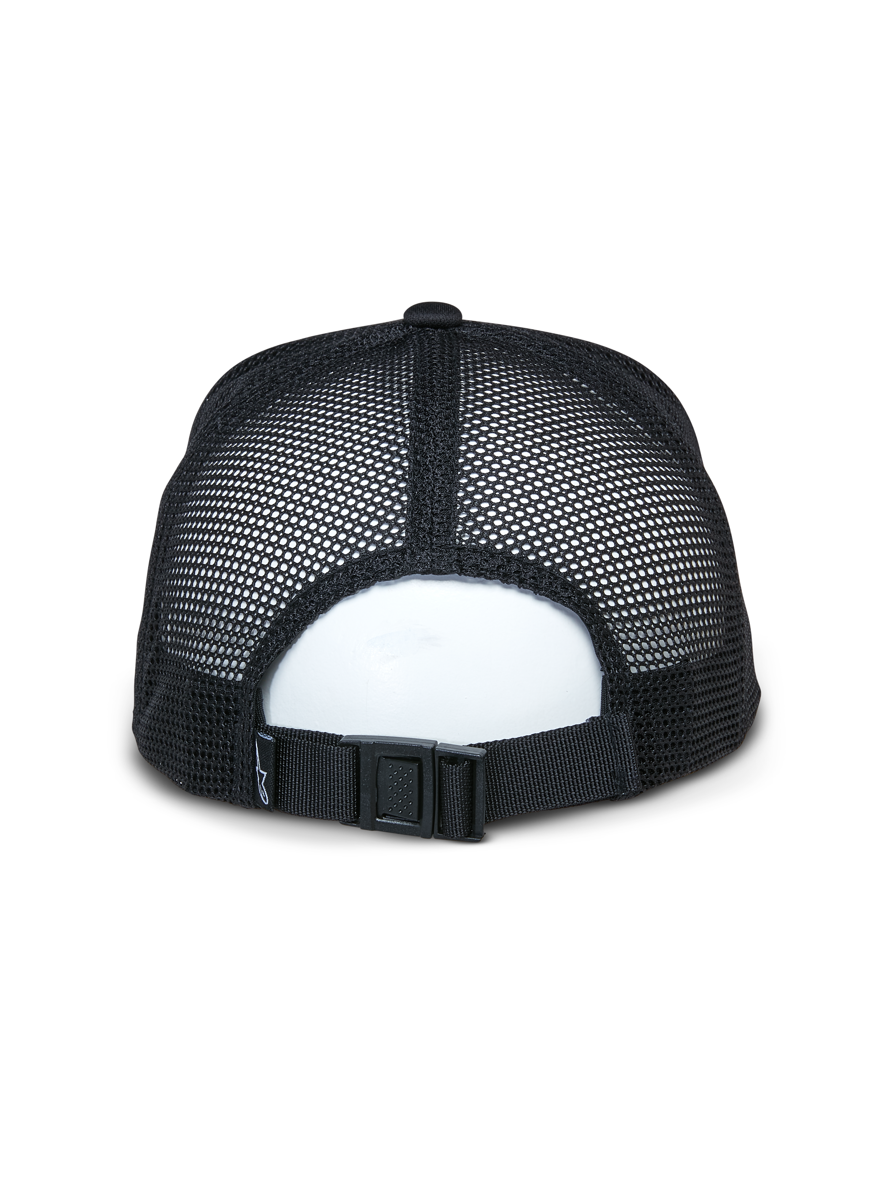 Casquette Trucker Alpinestars Alter, noire, vue arrière montrant les panneaux en maille recyclée respirante et la fermeture réglable à boucle, accessoire sportswear décontracté