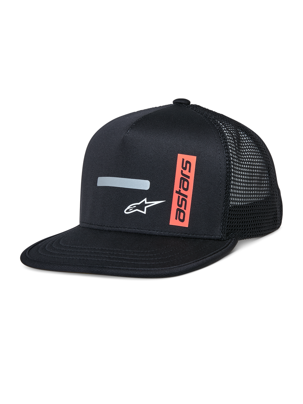 Casquette Trucker Alpinestars Alter, casquette trucker noire avec couronne structurée et visière plate, dos en mesh respirant, dotée d'une bande réfléchissante grise horizontale, d'un logo A-star blanc et d'un motif astars vertical orange, streetwear décontracté inspiré du sport automobile