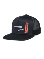 Casquette Trucker Alpinestars Alter, casquette trucker noire avec couronne structurée et visière plate, dos en mesh respirant, dotée d'une bande réfléchissante grise horizontale, d'un logo A-star blanc et d'un motif astars vertical orange, streetwear décontracté inspiré du sport automobile