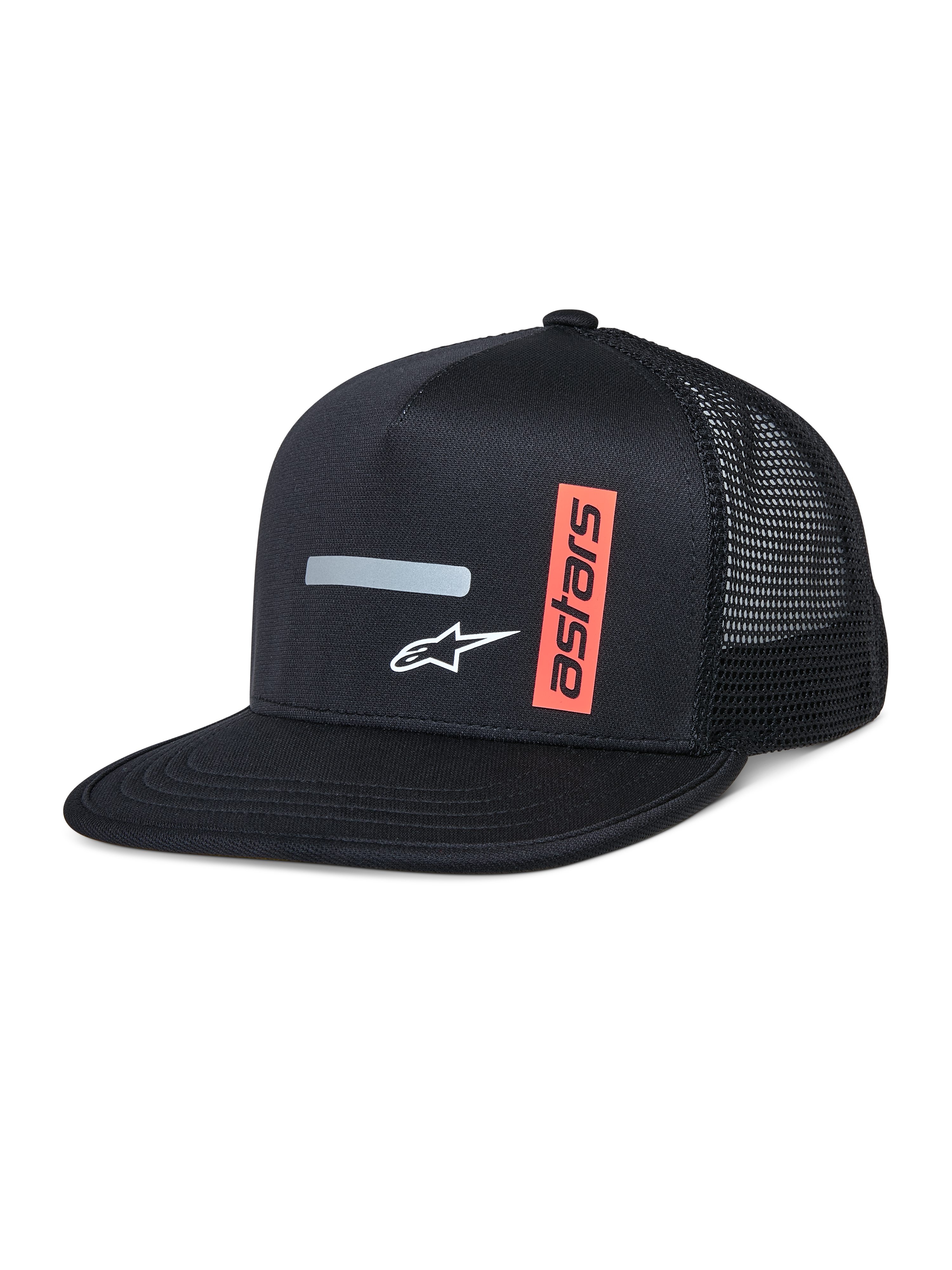 Alpinestars Alter Trucker Hat, Black trucker cap with structured crown and flat bill, breathable mesh back, featuring a horizontal gray reflective stripe, white A-star logo, and a vertical orange astars graphic, casual motorsport-inspired streetwear