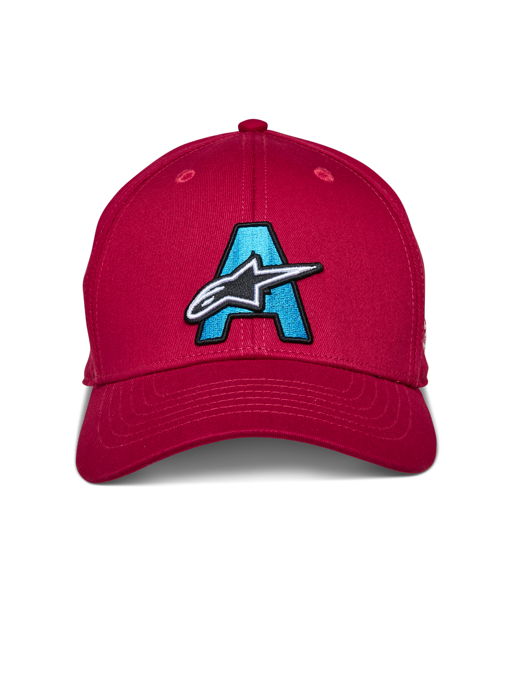 Casquette Alpinestars Elemental, rouge, casquette structurée à visière courbée avec un grand 'A' brodé bleu clair et un logo étoile Alpinestars noir et blanc sur le devant, couvre-chef décontracté de style sport automobile