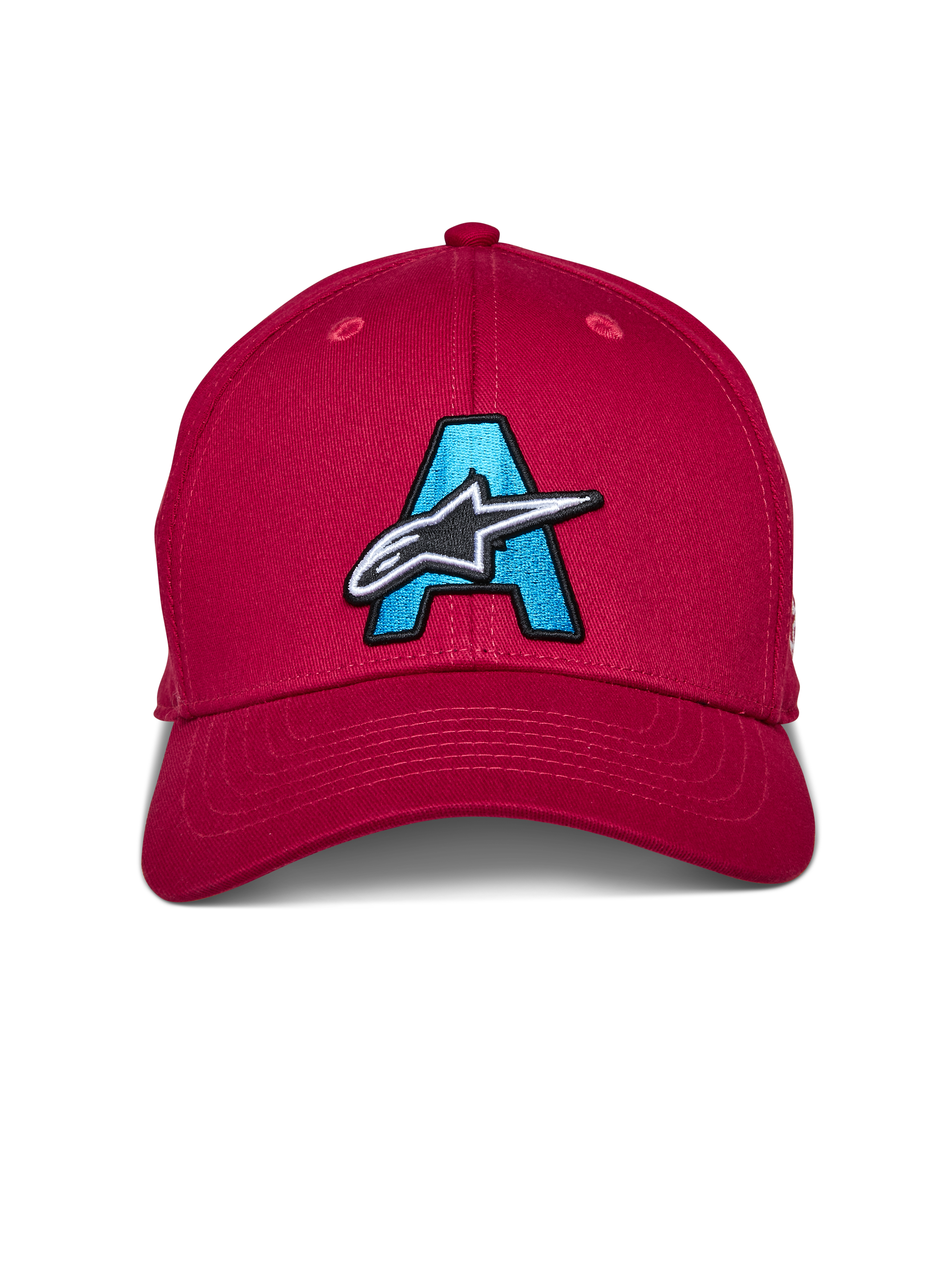 Casquette Alpinestars Elemental, rouge, casquette structurée à visière courbée avec un grand 'A' brodé bleu clair et un logo étoile Alpinestars noir et blanc sur le devant, couvre-chef décontracté de style sport automobile