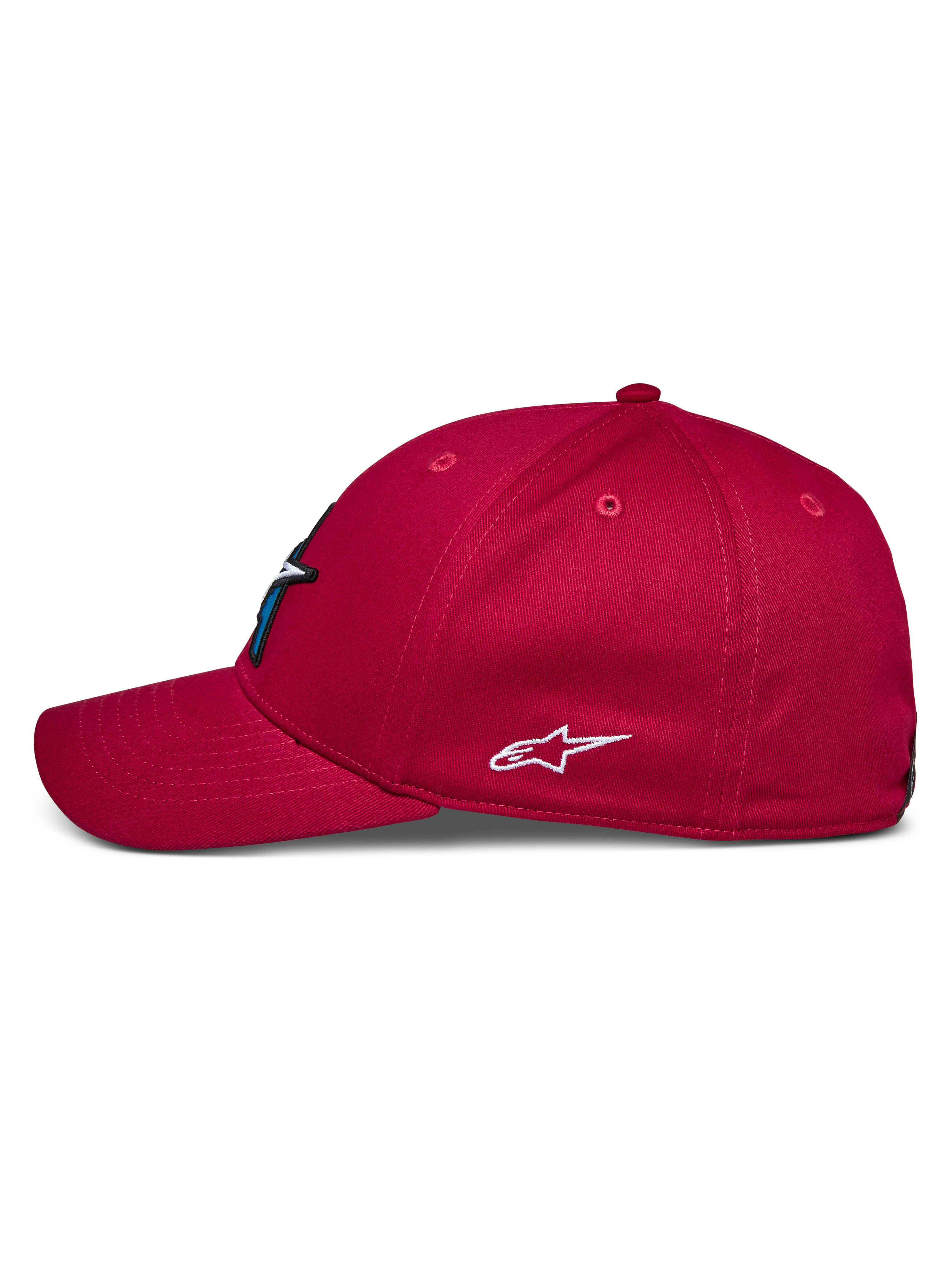 Casquette Alpinestars Elemental, rouge, vue de profil, visière courbée et couronne structurée, logo Alpinestars blanc brodé sur le côté, couvre-chef décontracté inspiré du sport automobile