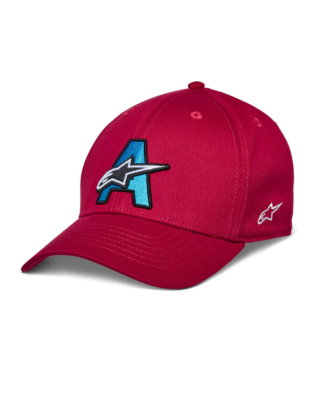 Casquette Alpinestars Elemental, casquette de baseball rouge, logo A brodé en 3D bleu cyan et noir, motif étoile blanche, visière courbée, couronne structurée, couvre-chef motorsport décontracté