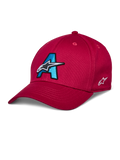 Casquette Alpinestars Elemental, casquette de baseball rouge, logo A brodé en 3D bleu cyan et noir, motif étoile blanche, visière courbée, couronne structurée, couvre-chef motorsport décontracté