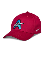 Casquette Alpinestars Elemental, casquette de baseball rouge, logo A brodé en 3D bleu cyan et noir, motif étoile blanche, visière courbée, couronne structurée, couvre-chef motorsport décontracté