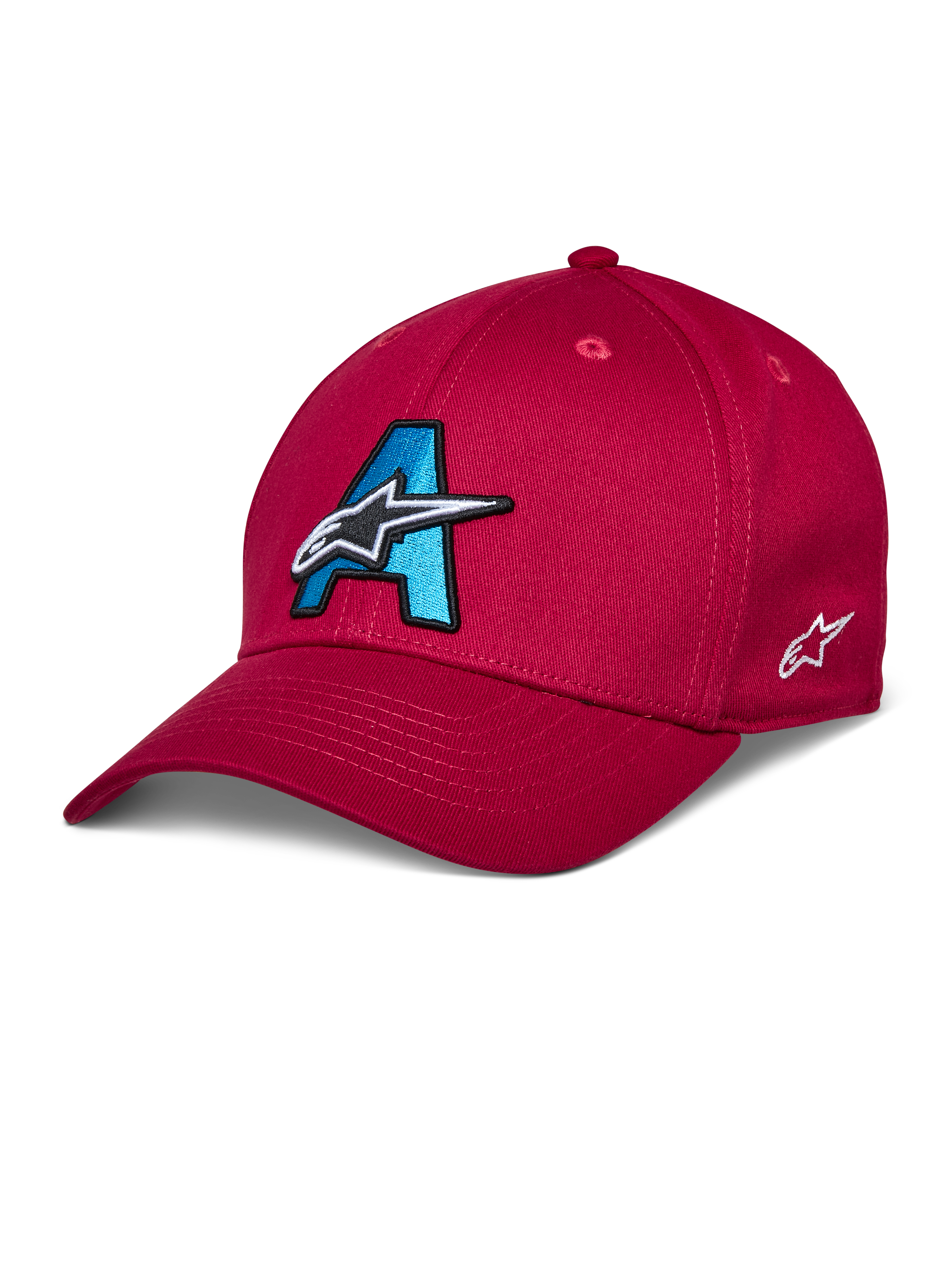Alpinestars Elemental Hat, Red Baseball Cap, Cyan Blue and Black 3D Embroidered A Logo, White Star design, Curved Bill, Structured Crown, Casual Motorsport Headwear