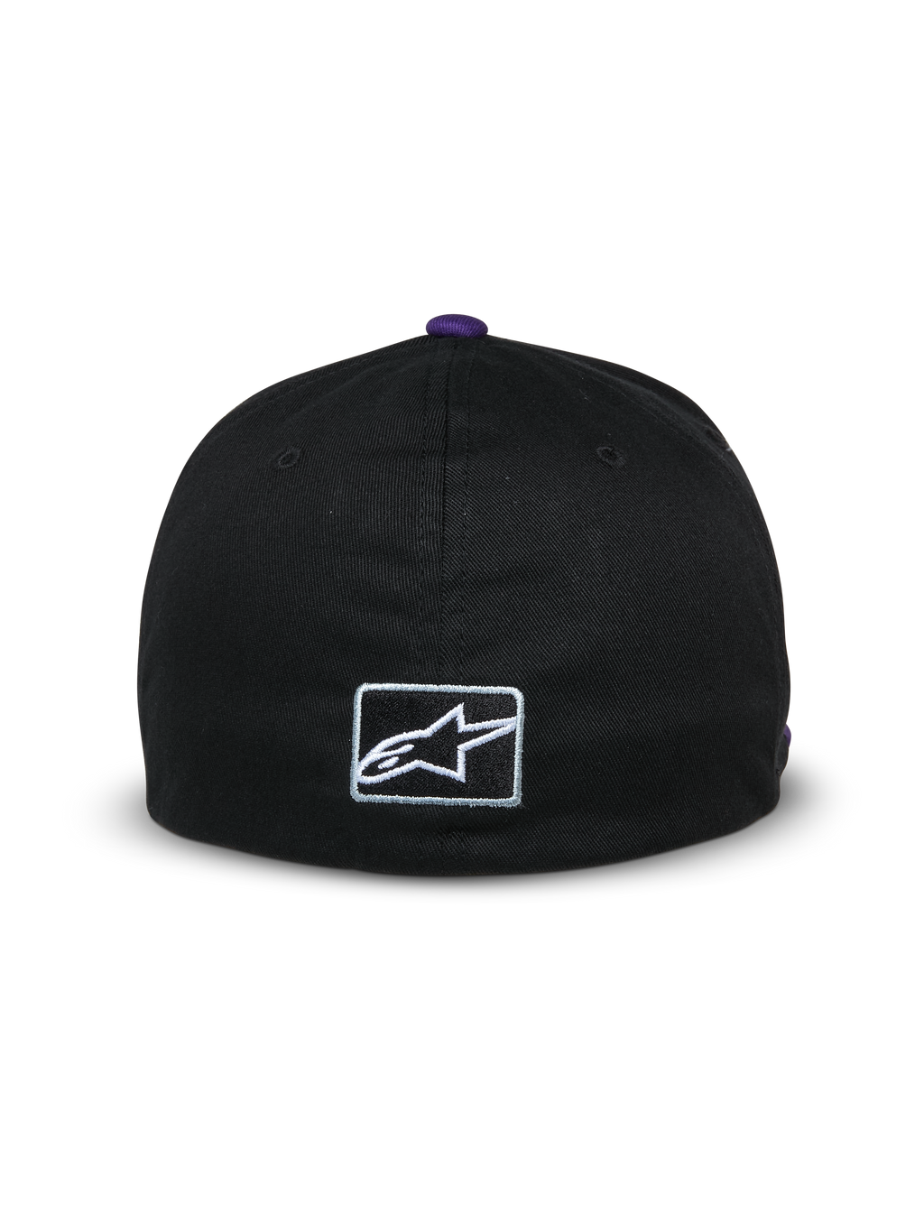 Casquette Alpinestars Franchise, vue arrière d'une casquette de baseball noire, bouton violet sur le dessus, petit logo Astars blanc brodé à l'arrière, design à dos flexible, streetwear décontracté inspiré des sports mécaniques