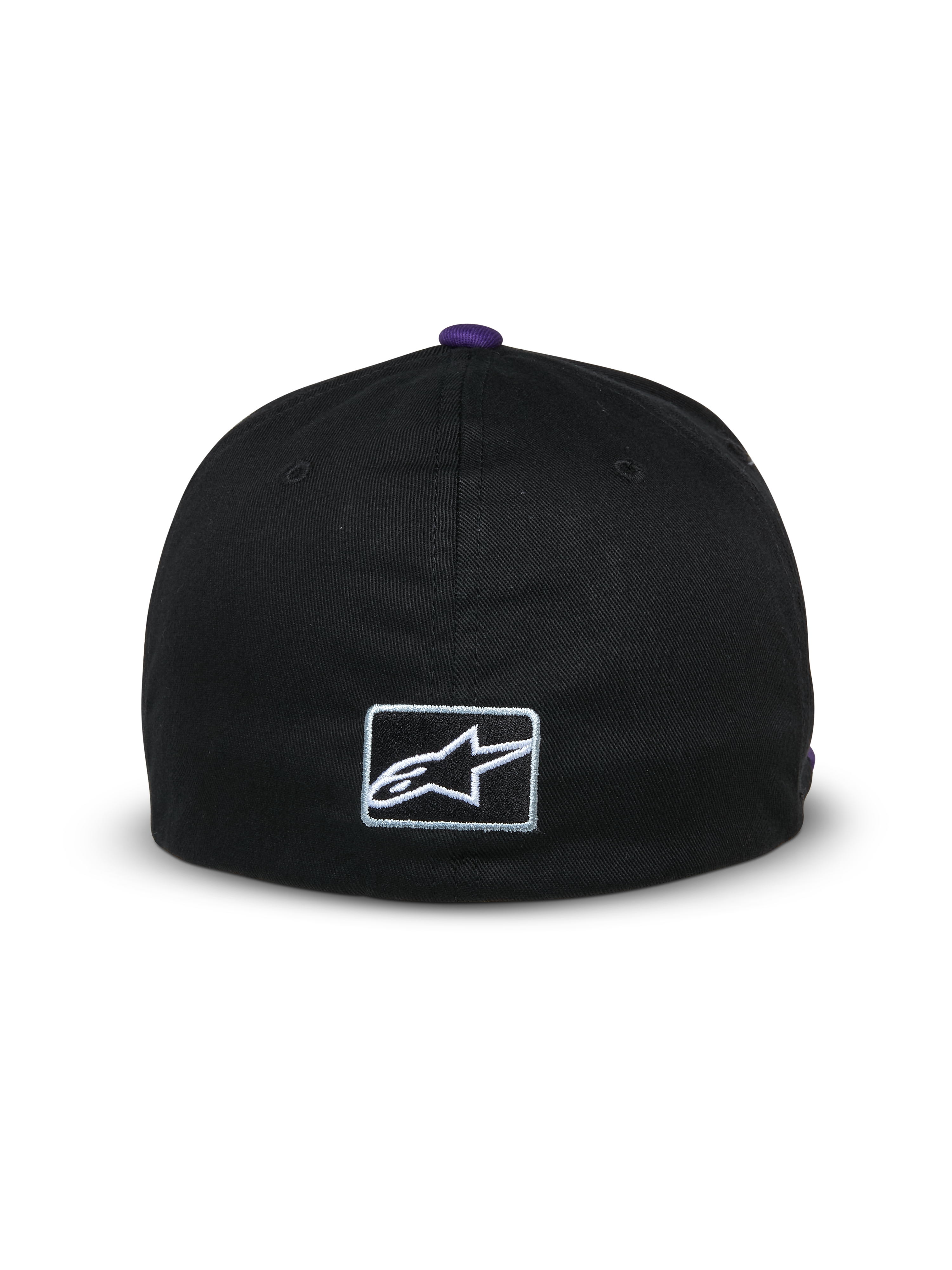 Casquette Alpinestars Franchise, vue arrière d'une casquette de baseball noire, bouton violet sur le dessus, petit logo Astars blanc brodé à l'arrière, design à dos flexible, streetwear décontracté inspiré des sports mécaniques