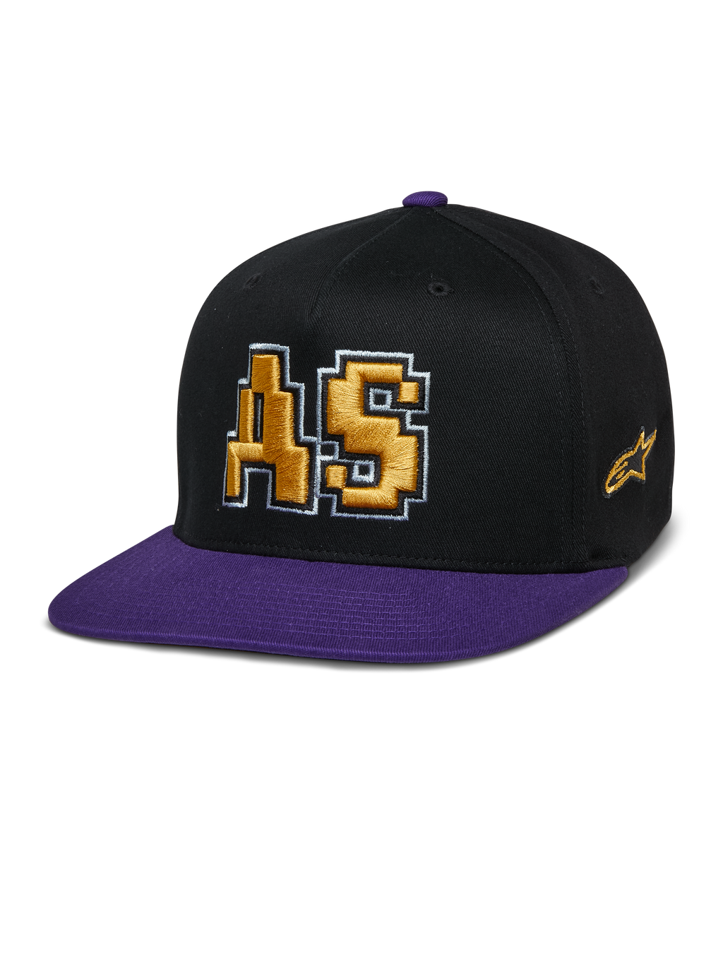Alpinestars Franchise Hat, casquette à visière plate, noir et violet, logo AS brodé en 3D doré avec contour blanc, visière et bouton supérieur violets, design Flex Fit structuré