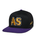 Alpinestars Franchise Hat, casquette à visière plate, noir et violet, logo AS brodé en 3D doré avec contour blanc, visière et bouton supérieur violets, design Flex Fit structuré