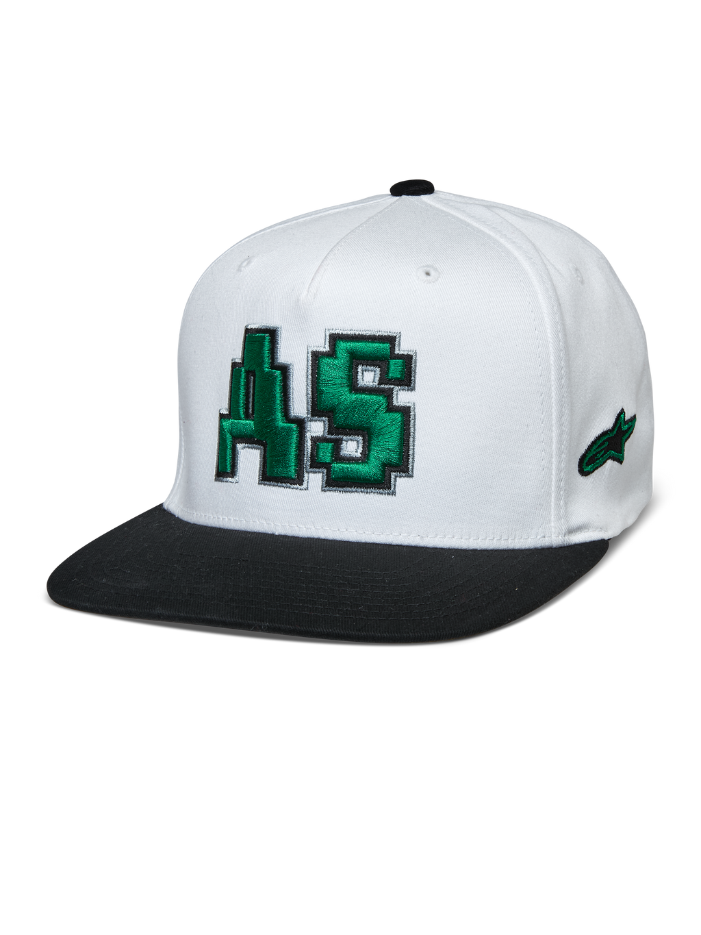 Casquette Alpinestars Franchise, couronne blanche avec visière plate noire, logo AS vert brodé en 3D, casquette de baseball à dos flexible, accessoire lifestyle motorsport