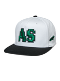 Casquette Alpinestars Franchise, couronne blanche avec visière plate noire, logo AS vert brodé en 3D, casquette de baseball à dos flexible, accessoire lifestyle motorsport