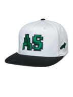 Casquette Alpinestars Franchise, couronne blanche avec visière plate noire, logo AS vert brodé en 3D, casquette de baseball à dos flexible, accessoire lifestyle motorsport