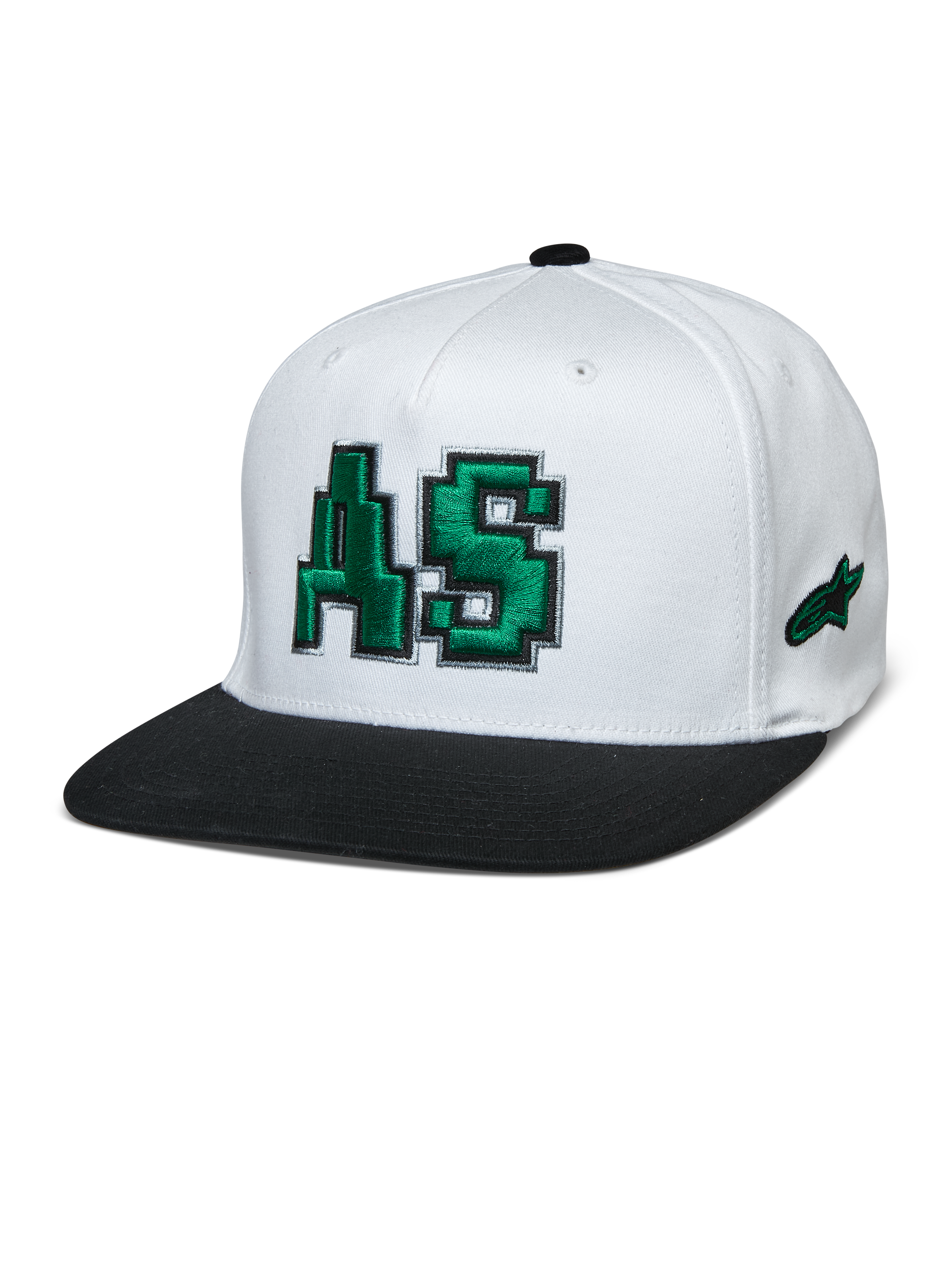 Alpinestars Franchise Hat, White Crown with Black Flat Bill, Green 3D Embroidered AS Logo, Flex Back Baseball Cap, Motorsport Lifestyle Headwear