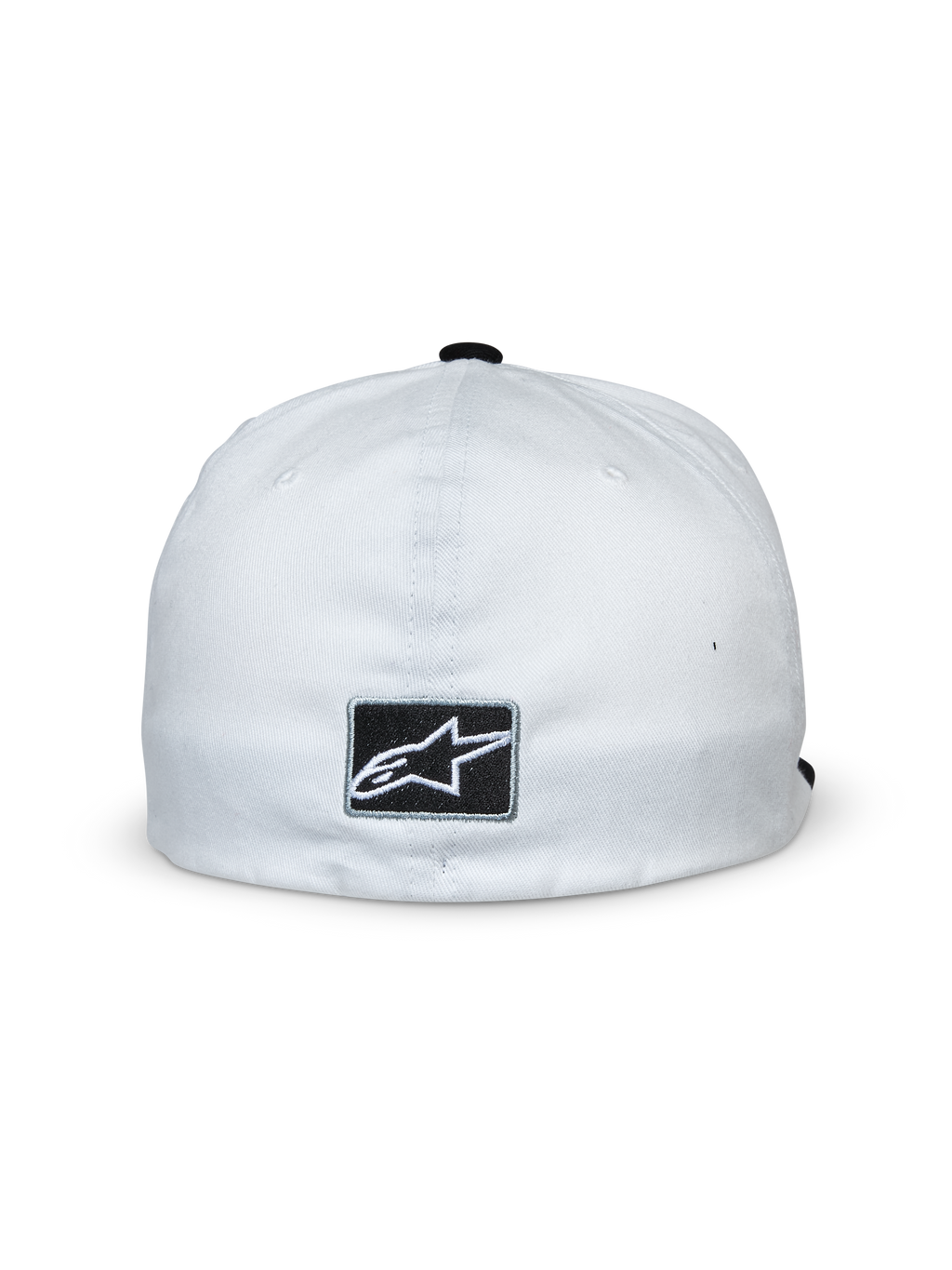 Casquette Alpinestars Franchise, blanc et noir, vue arrière présentant un écusson rectangulaire noir avec le logo étoile Alpinestars blanc, design flexible, couvre-chef décontracté d'inspiration sport automobile