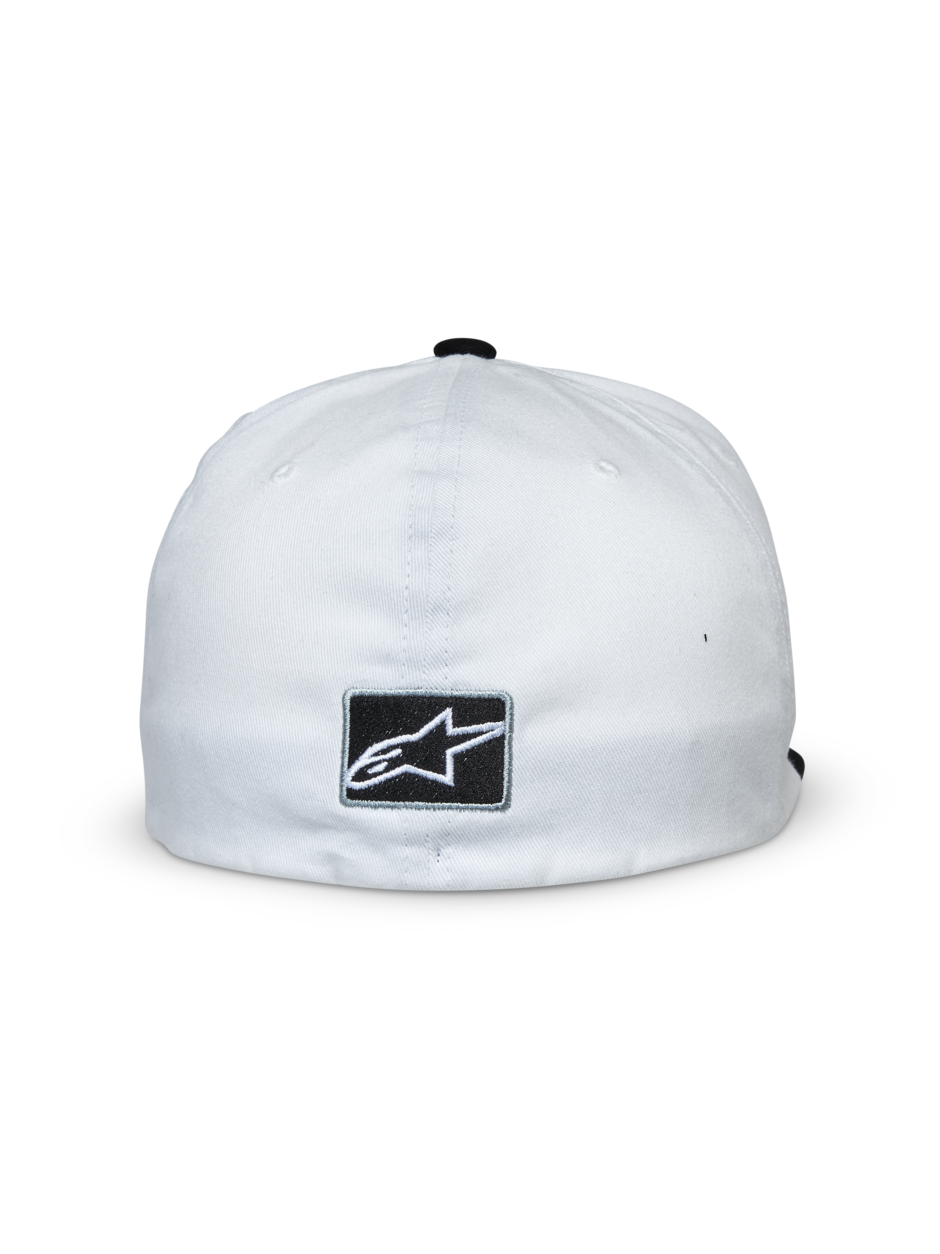 Casquette Alpinestars Franchise, blanc et noir, vue arrière présentant un écusson rectangulaire noir avec le logo étoile Alpinestars blanc, design flexible, couvre-chef décontracté d'inspiration sport automobile