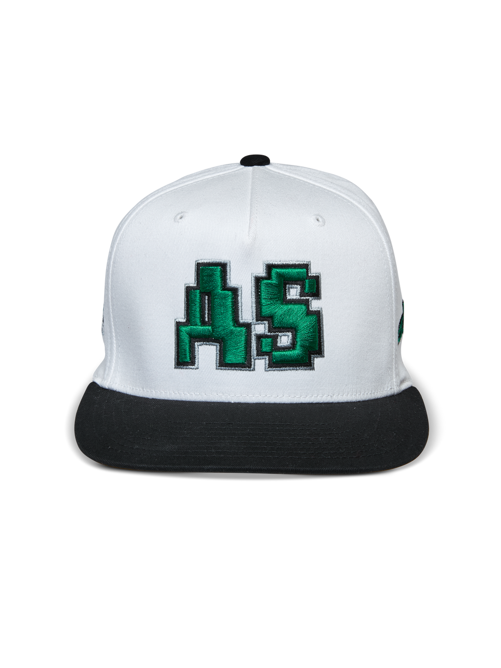 Casquette Alpinestars Franchise, casquette à visière plate, blanc et noir, logo AS vert brodé en 3D sur le devant, couronne structurée avec visière plate noire, accessoire décontracté d'inspiration sport automobile