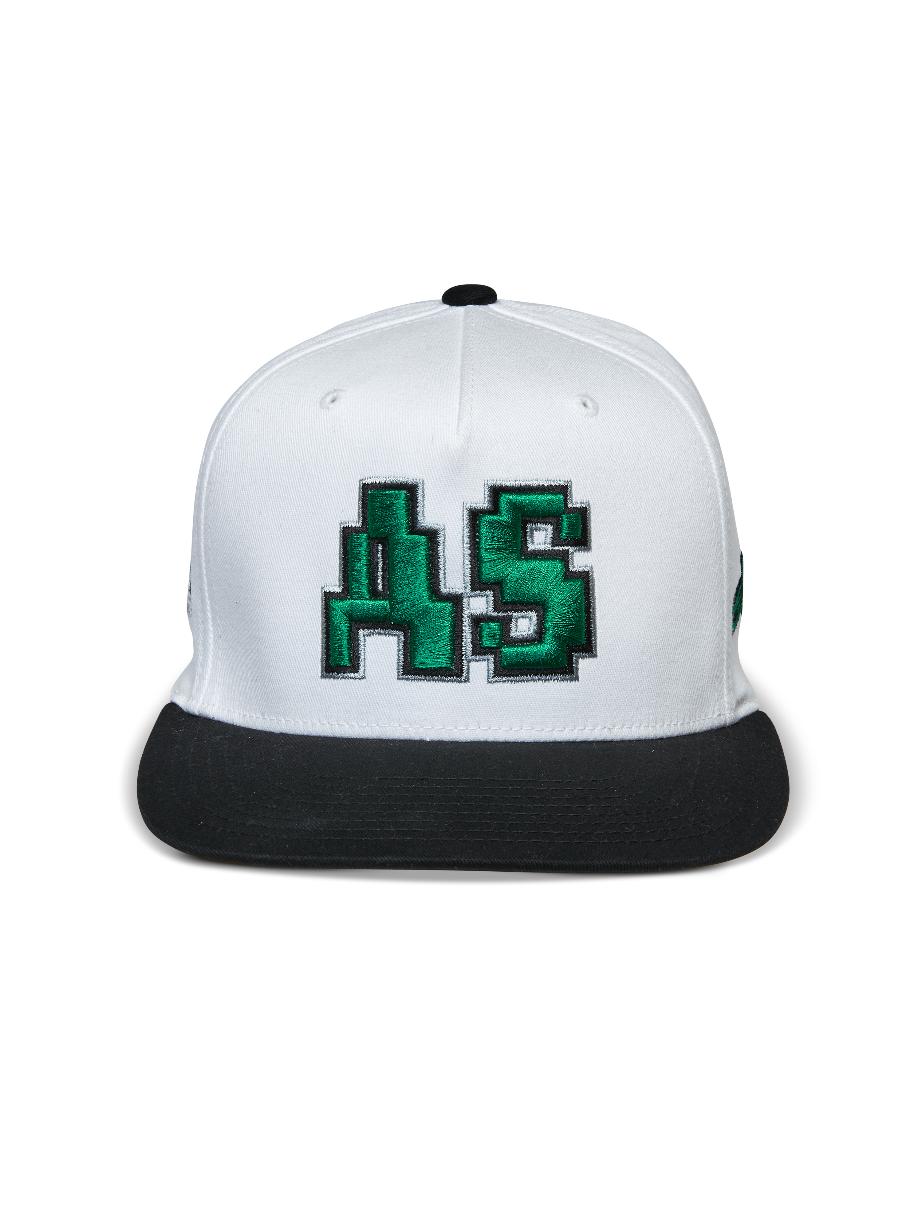 Casquette Alpinestars Franchise, casquette à visière plate, blanc et noir, logo AS vert brodé en 3D sur le devant, couronne structurée avec visière plate noire, accessoire décontracté d'inspiration sport automobile