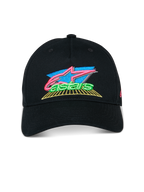Alpinestars Vivid Hat, Black, Curved bill baseball cap, vibrant 3D embroidered logo with pink, blue, and green accents, semi-structured low crown, casual motorsport streetwear