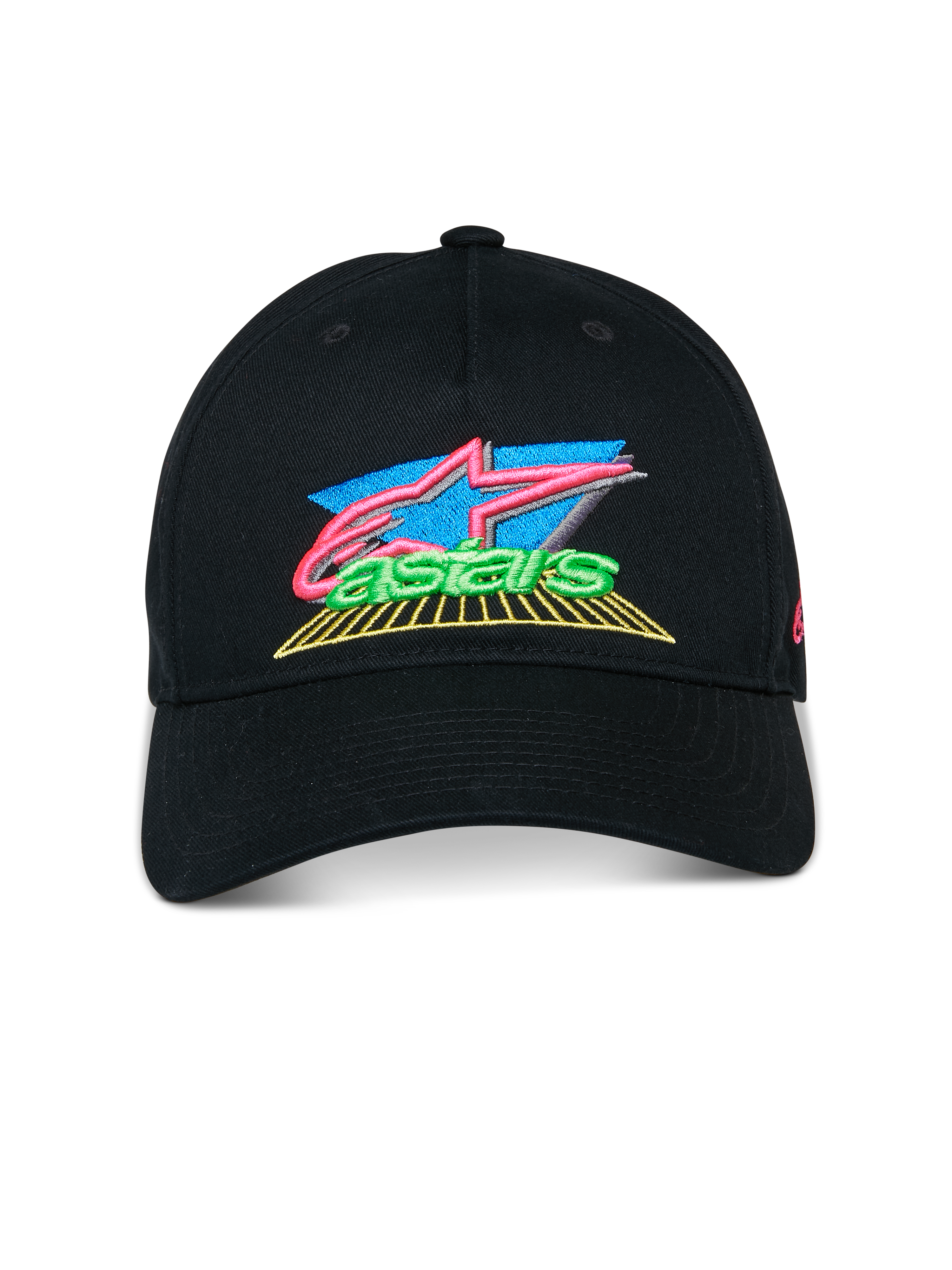 Alpinestars Vivid Hat, Black, Curved bill baseball cap, vibrant 3D embroidered logo with pink, blue, and green accents, semi-structured low crown, casual motorsport streetwear