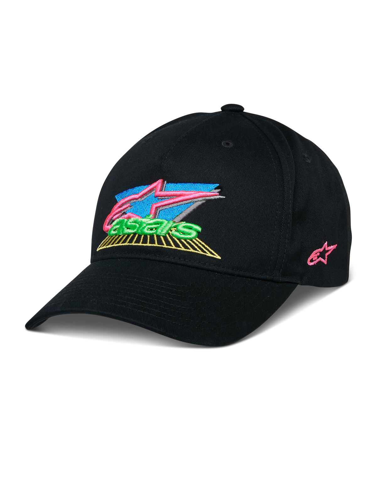 Casquette Alpinestars Vivid, casquette de baseball noire avec logo brodé en 3D coloré, arborant des accents vifs en rose, bleu, vert et jaune, visière courbée structurée, streetwear décontracté inspiré du sport automobile